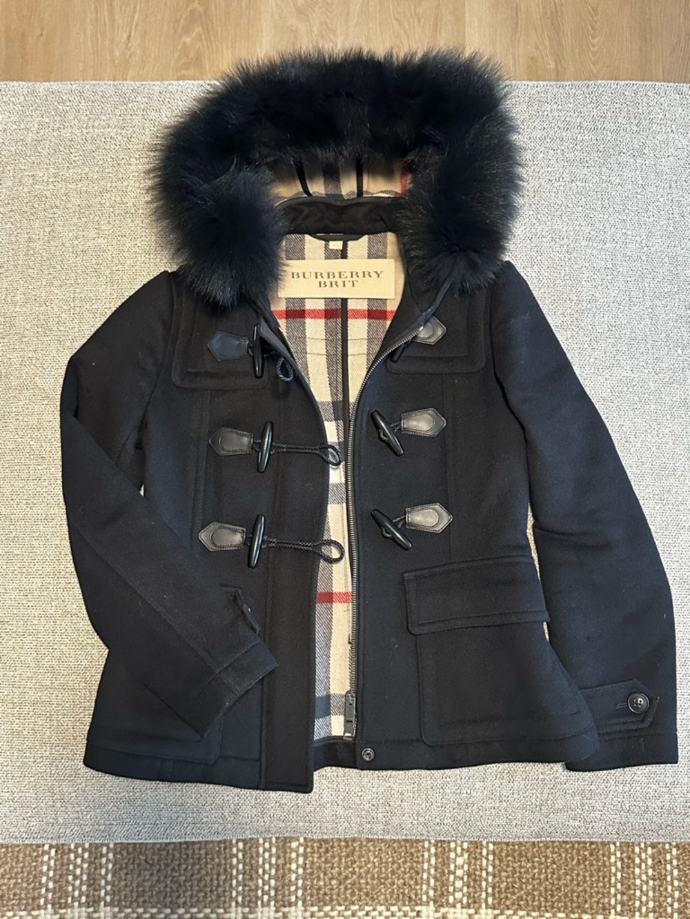 Burberry Brit Black Wool Peacoat with Fur-Trim Hood Size Women’s 6